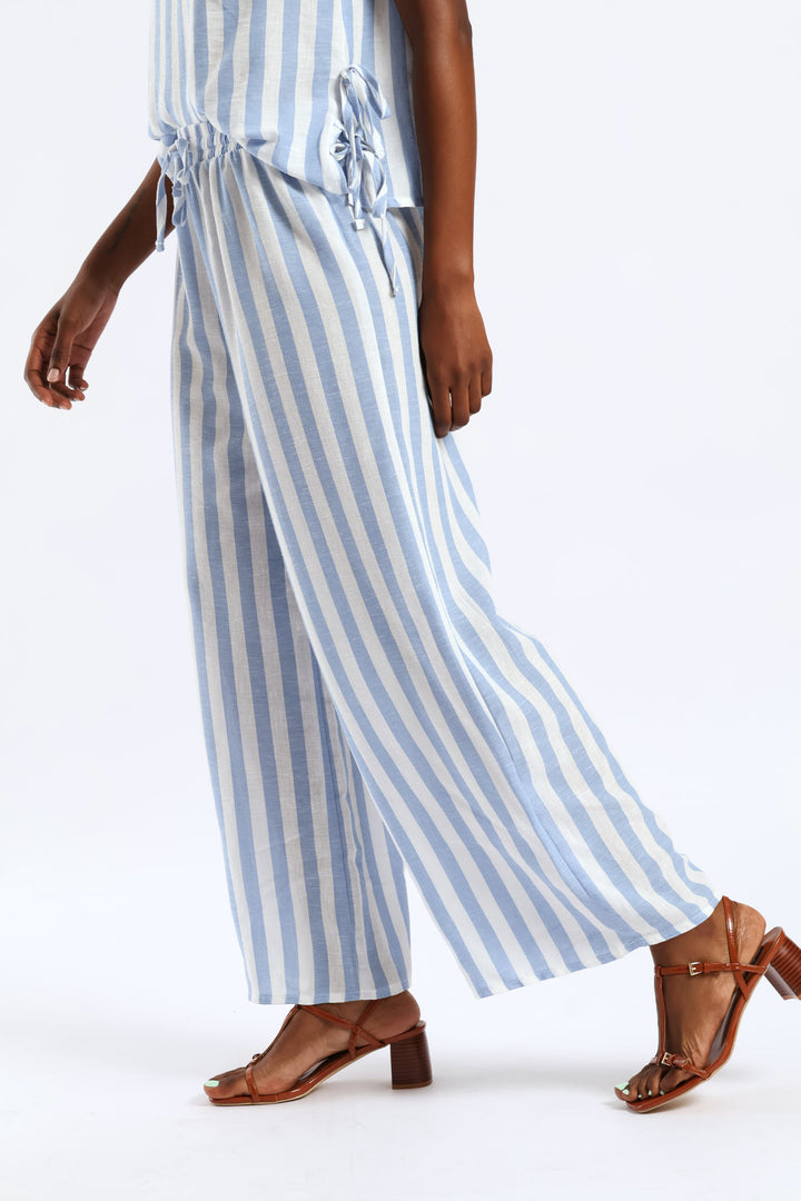 Pull-On Linen Wideleg Pants - White/Light Blue