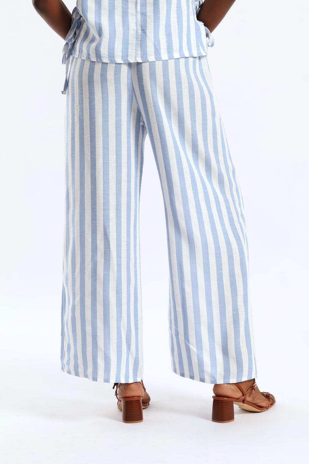 Pull-On Linen Wideleg Pants - White/Light Blue