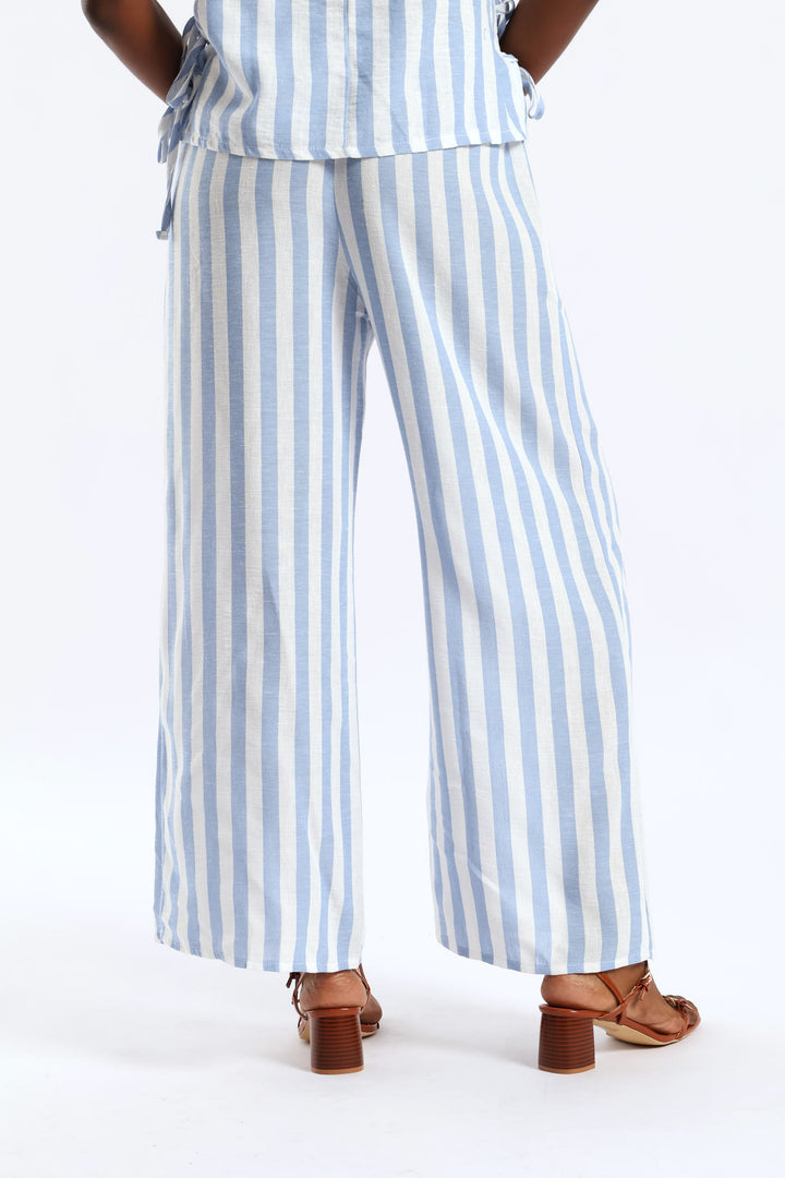 Pull-On Linen Wideleg Pants - White/Light Blue