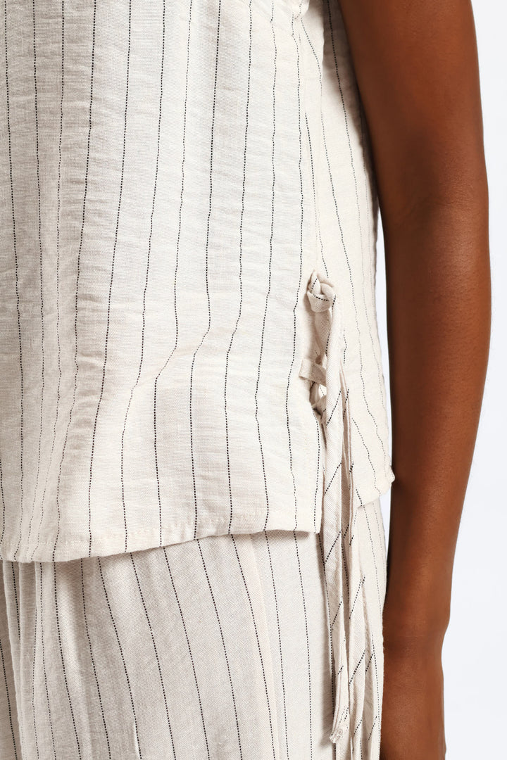 Side Tie Detail Pinstripe Shell Tank - Black/Beige