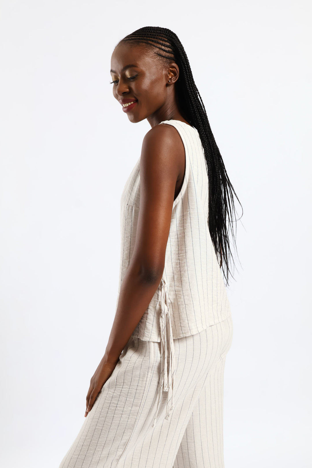 Side Tie Detail Pinstripe Shell Tank - Black/Beige