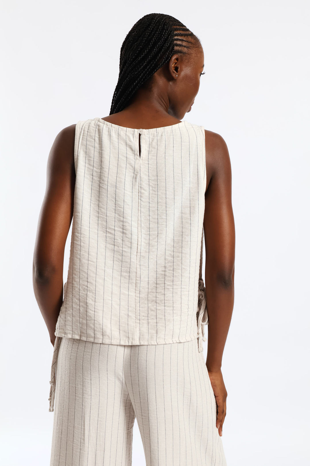 Side Tie Detail Pinstripe Shell Tank - Black/Beige