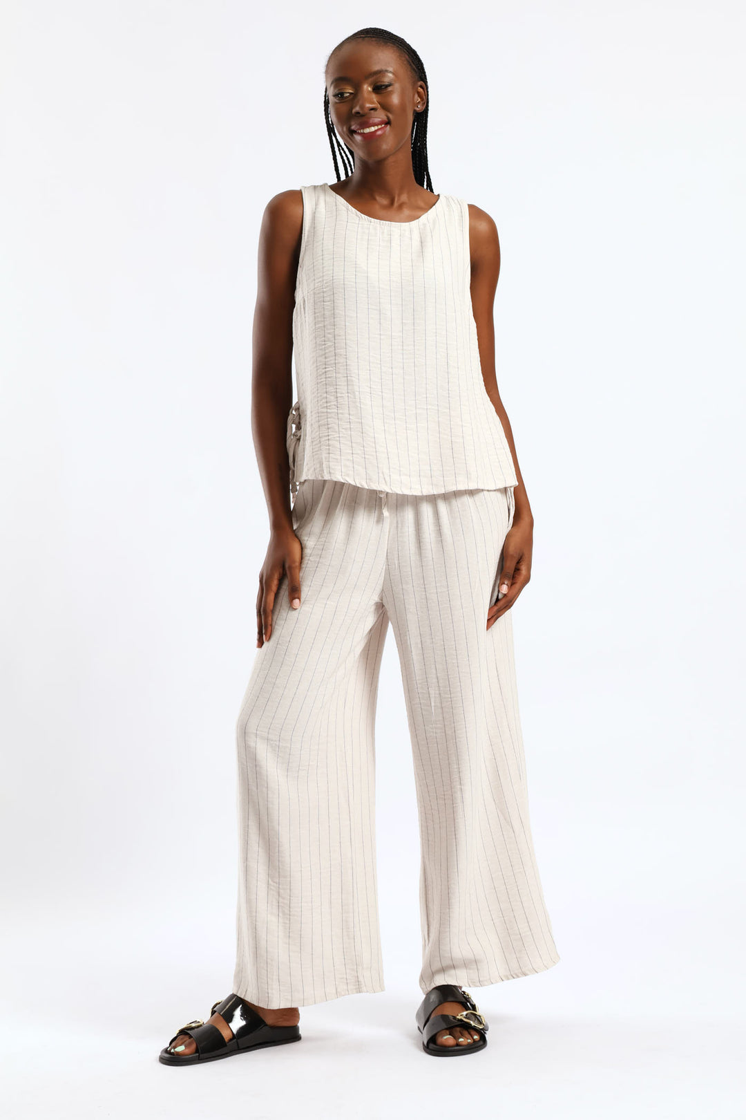 Pull-On Linen Wide Leg Pants - Black/Beige