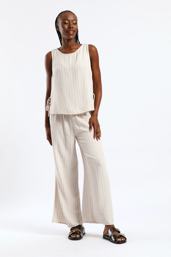 Side Tie Detail Pinstripe Shell Tank - Black/Beige