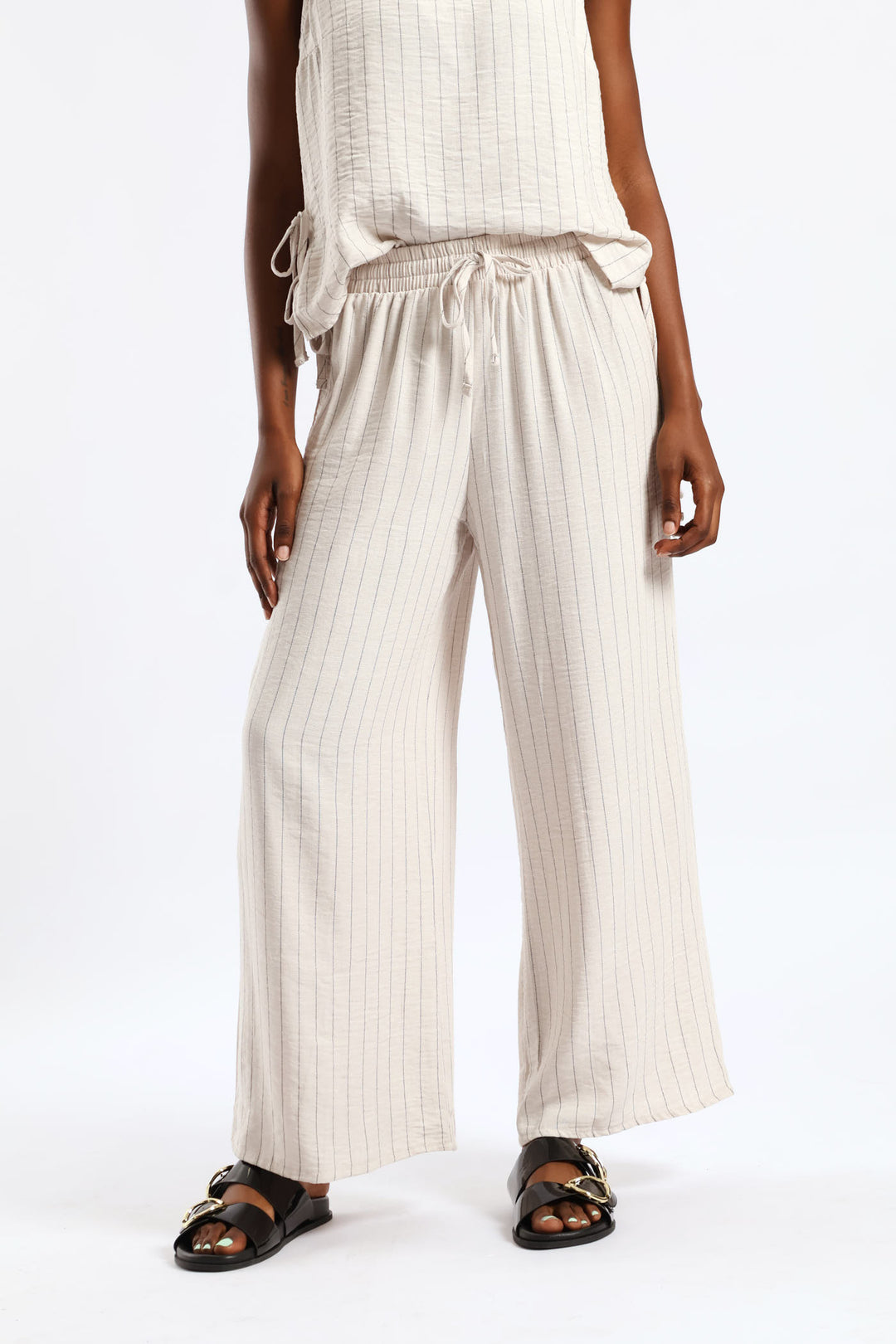 Pull-On Linen Wide Leg Pants - Black/Beige