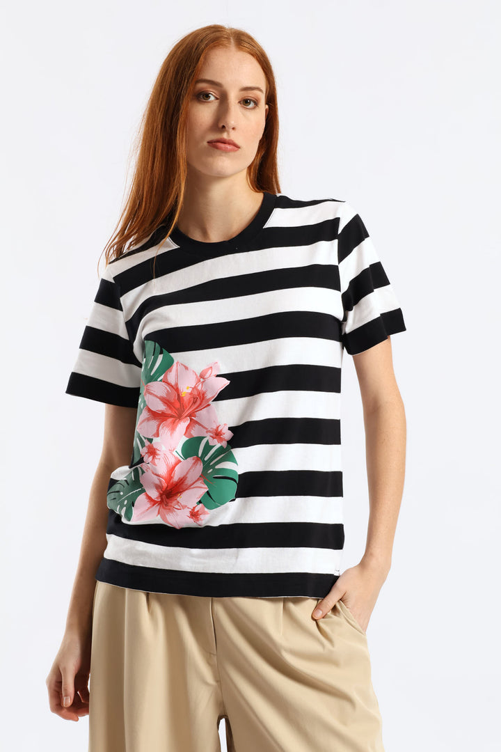 Wide Stripe Tropical Floral Placement Boxy Tee - Black/White