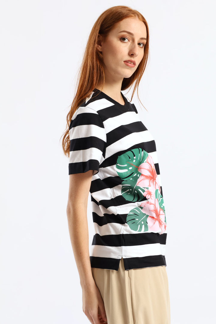Wide Stripe Tropical Floral Placement Boxy Tee - Black/White