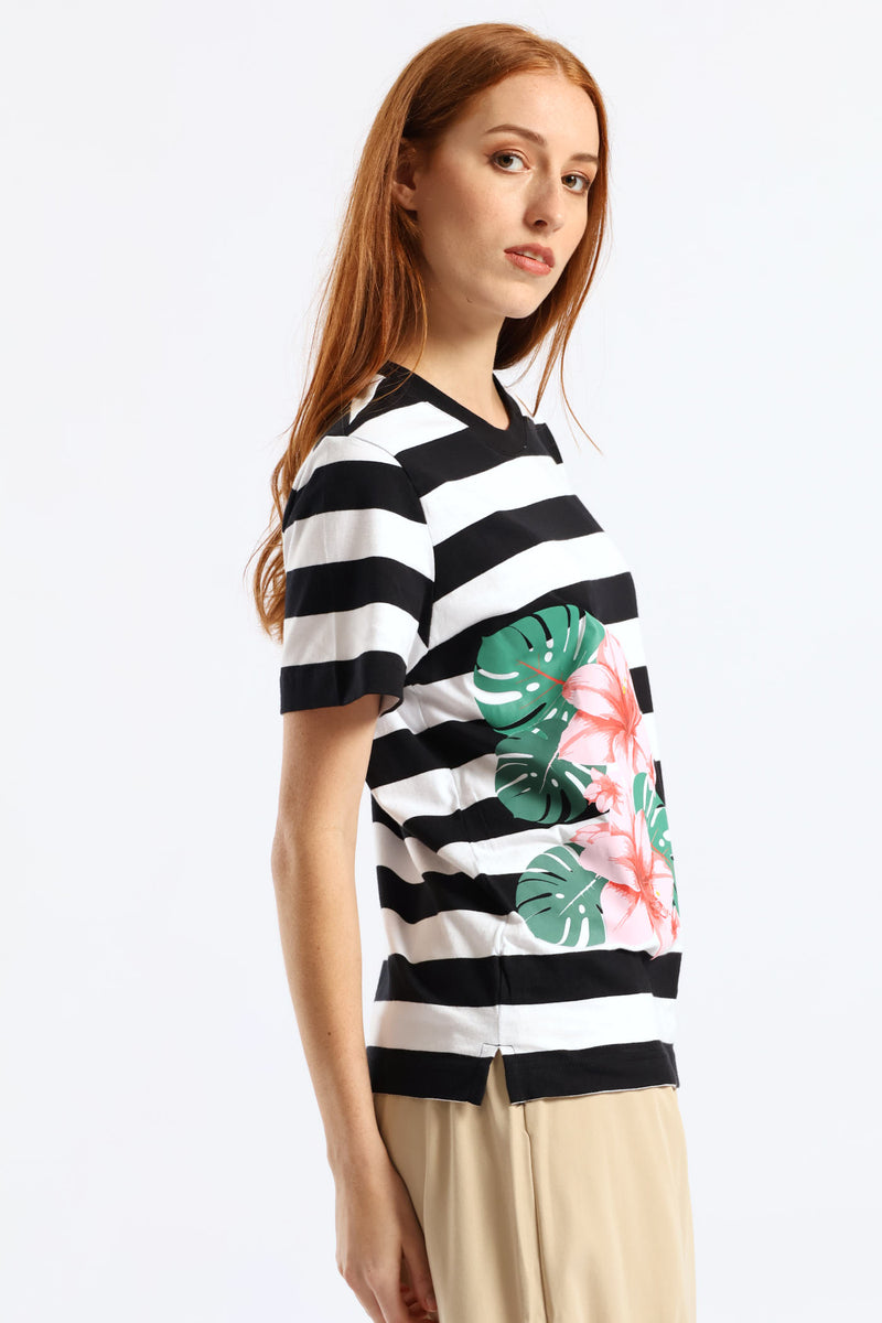 Wide Stripe Tropical Floral Placement Boxy Tee - Black/White