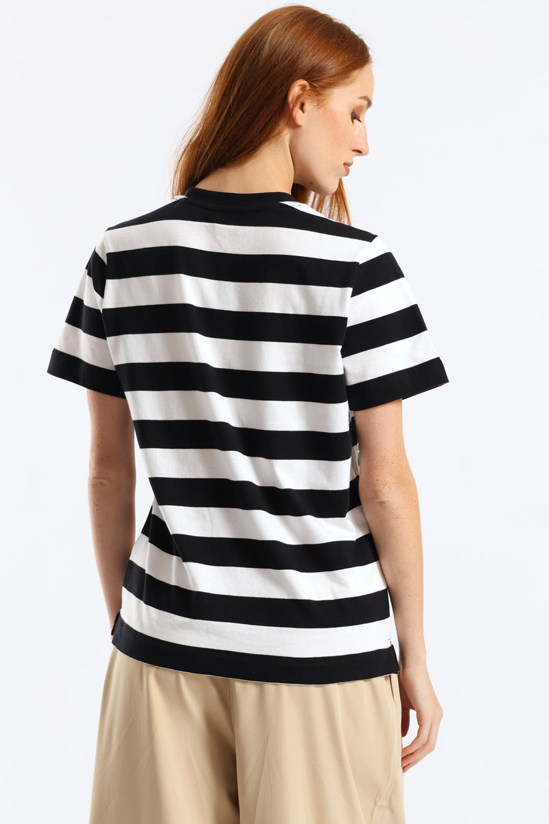 Wide Stripe Tropical Floral Placement Boxy Tee - Black/White