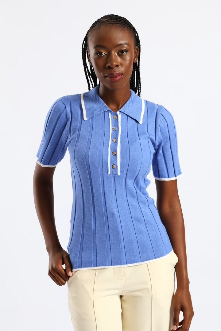 Ribbed Tipped Fancy Button Golfer - Blue