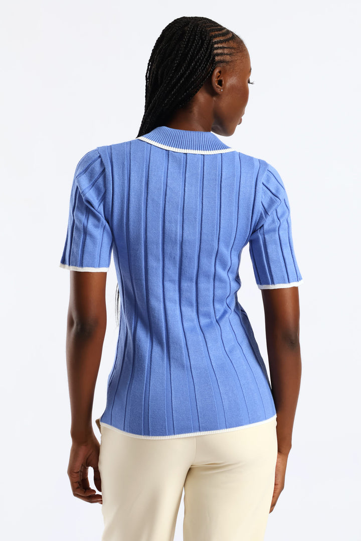 Ribbed Tipped Fancy Button Golfer - Blue