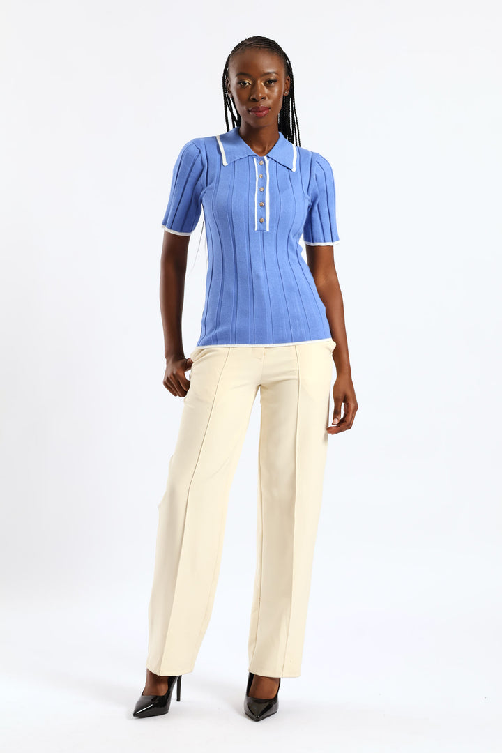 Ribbed Tipped Fancy Button Golfer - Blue