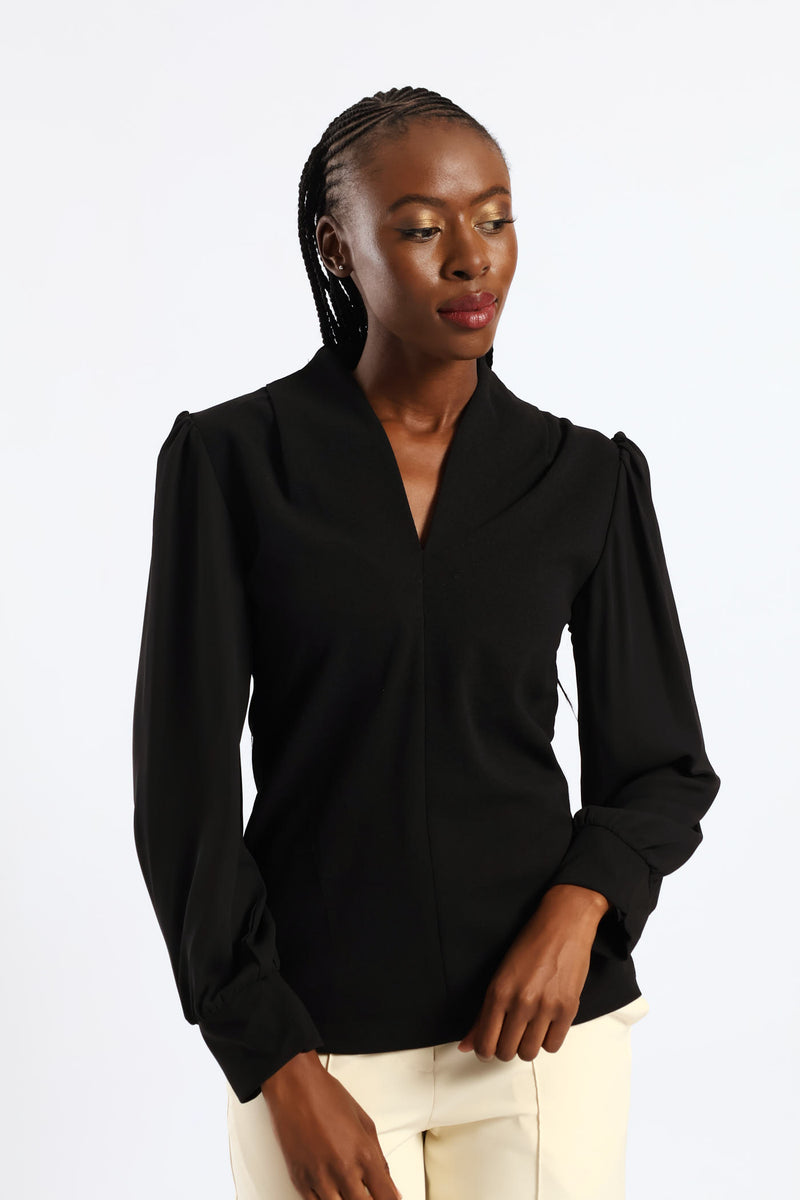 V-Neck Combo Blouse - Black