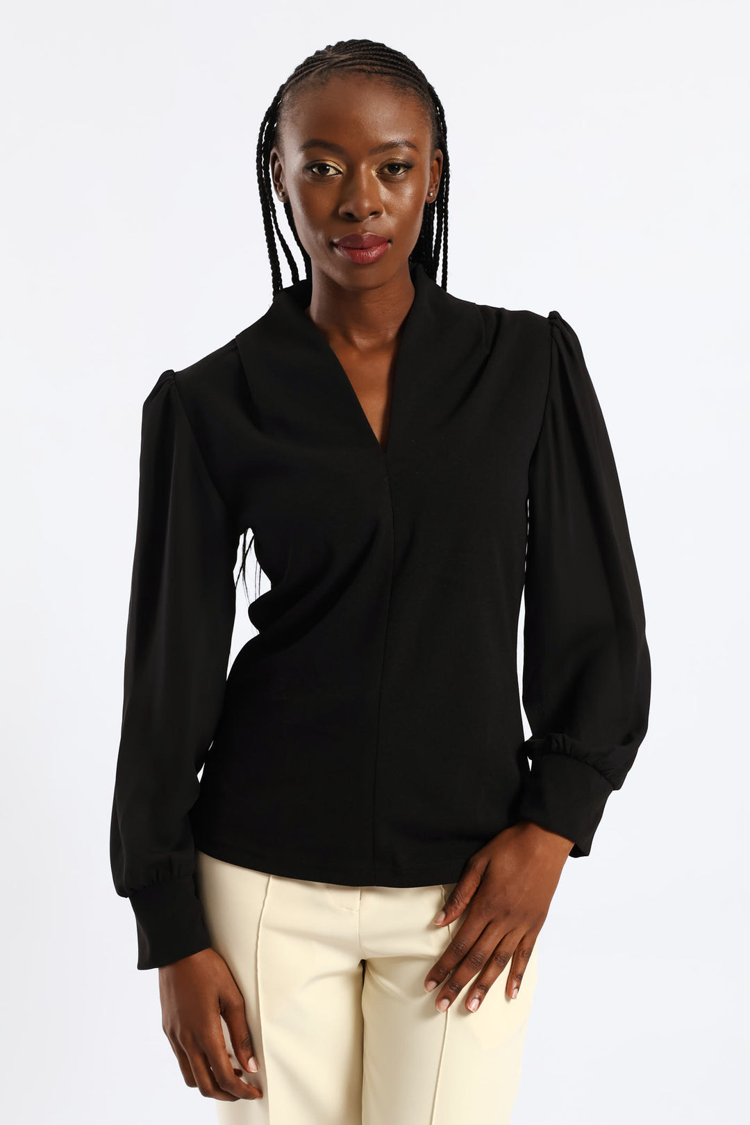 V-Neck Combo Blouse - Black