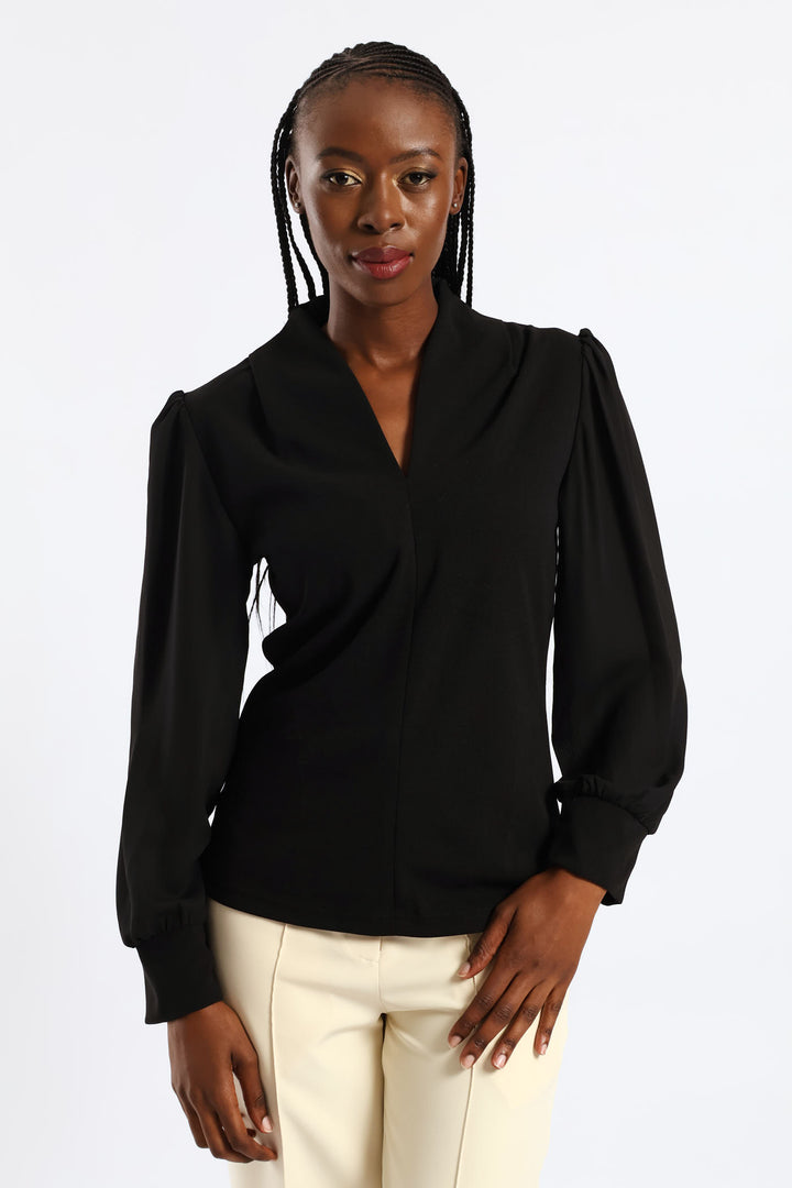V-Neck Combo Blouse - Black