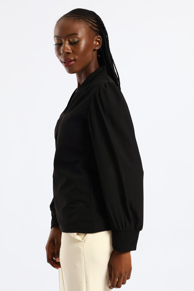 V-Neck Combo Blouse - Black