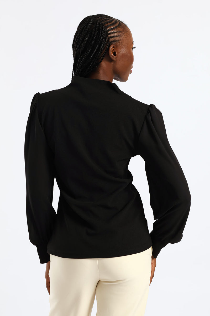 V-Neck Combo Blouse - Black
