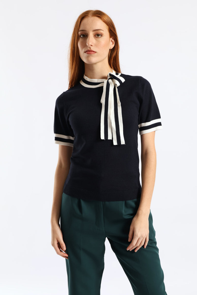 Kitty Bow Pullover Tee - Dark Navy