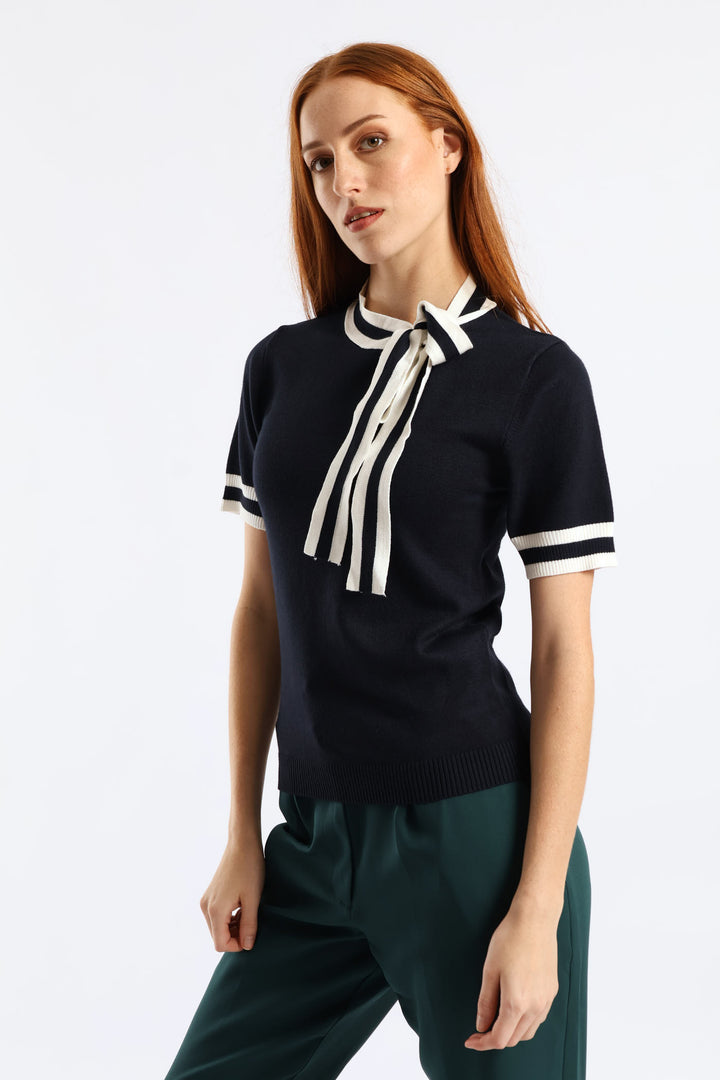 Kitty Bow Pullover Tee - Dark Navy