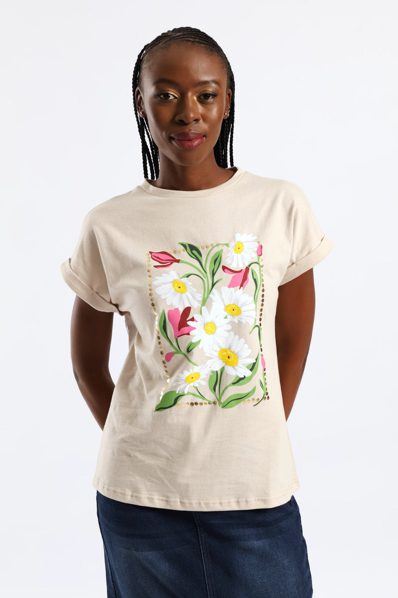 Daisy Square Foil Muscle Tee - Stone