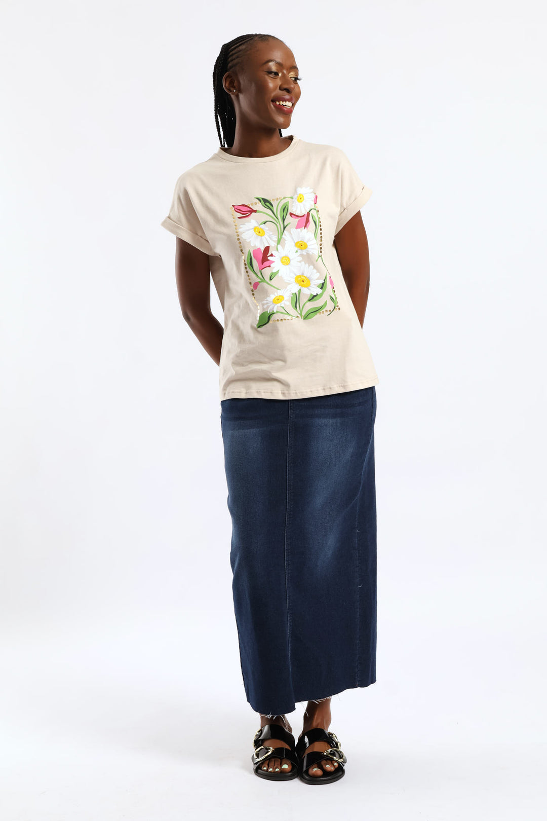 Daisy Square Foil Muscle Tee - Stone