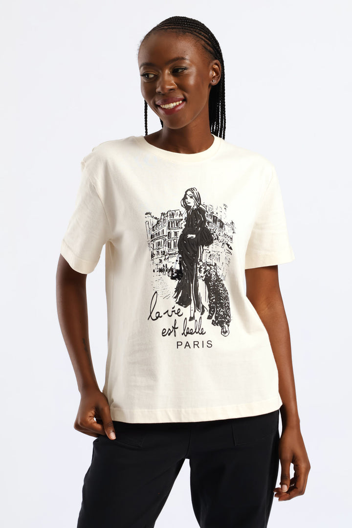 Sequin & Puff Print C'Est La Vie Paris Tee - Fawn