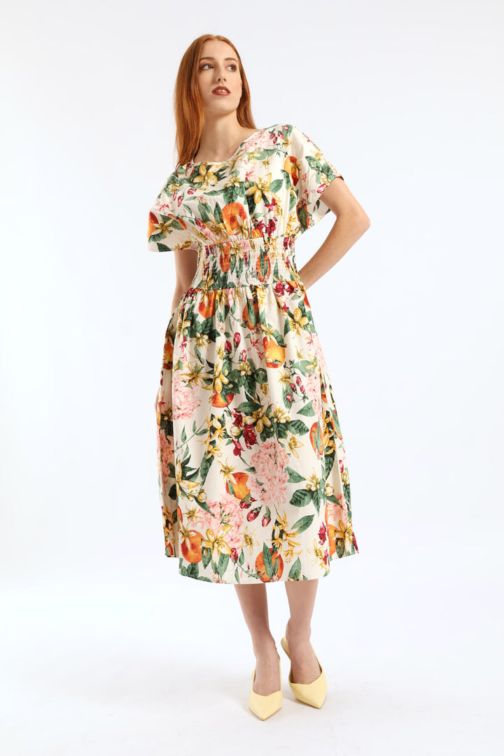 Boat Neck Shirred Waist Garden Floral Midi Dress - White