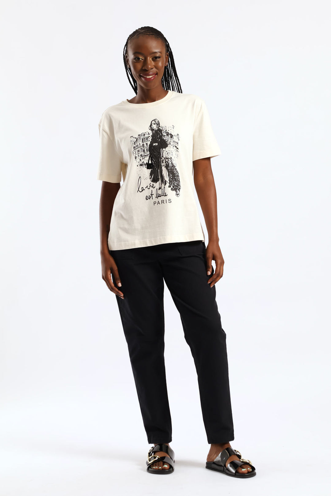 Sequin & Puff Print C'Est La Vie Paris Tee - Fawn