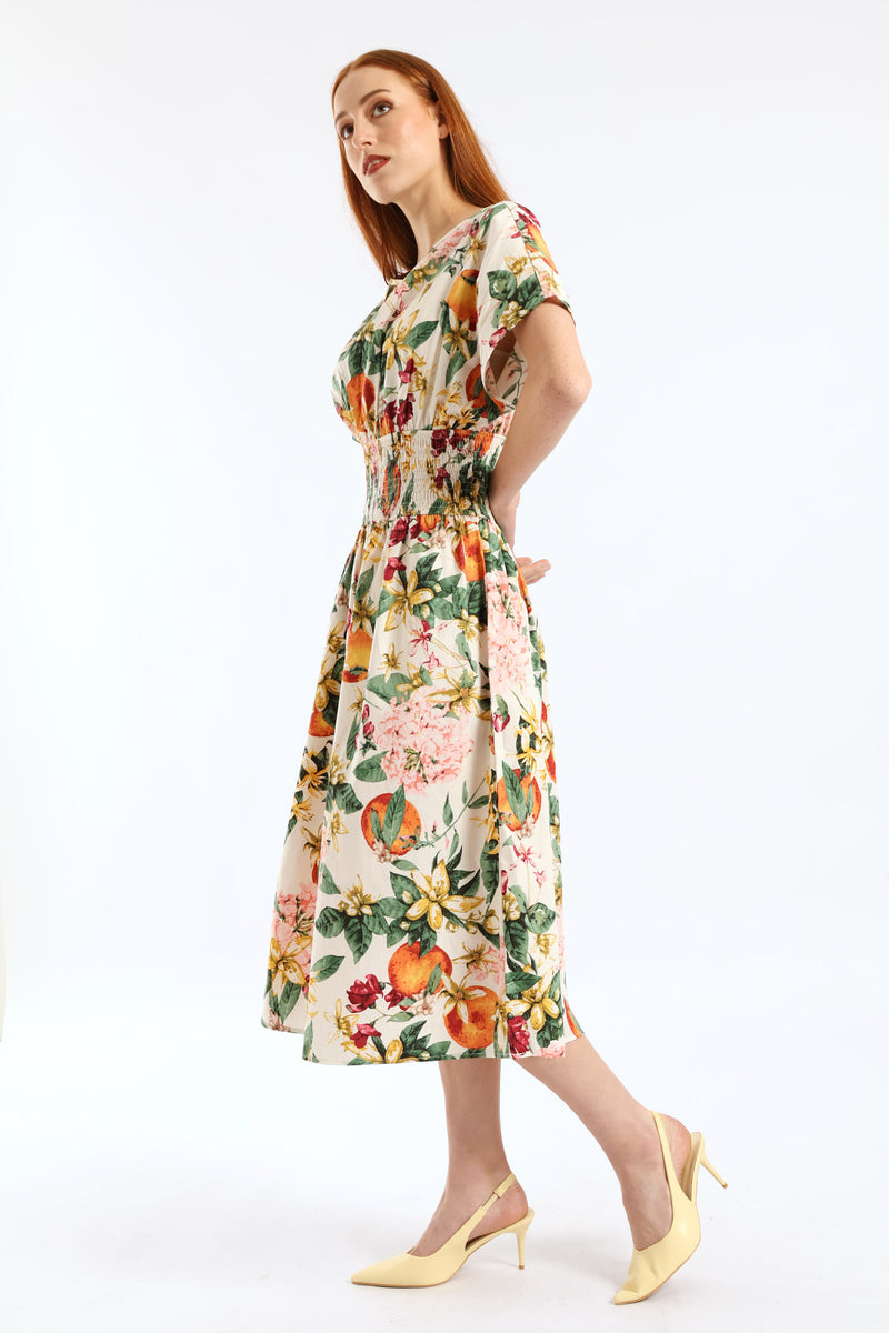 Boat Neck Shirred Waist Garden Floral Midi Dress - White
