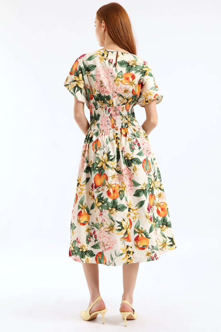 Boat Neck Shirred Waist Garden Floral Midi Dress - White