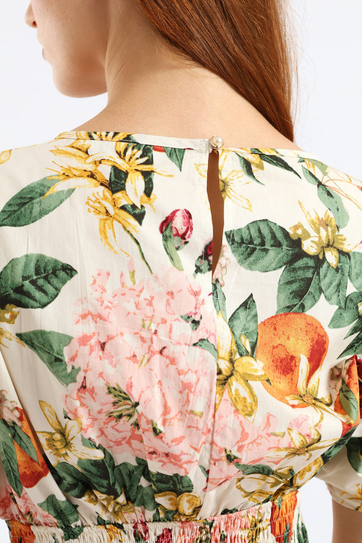 Boat Neck Shirred Waist Garden Floral Midi Dress - White