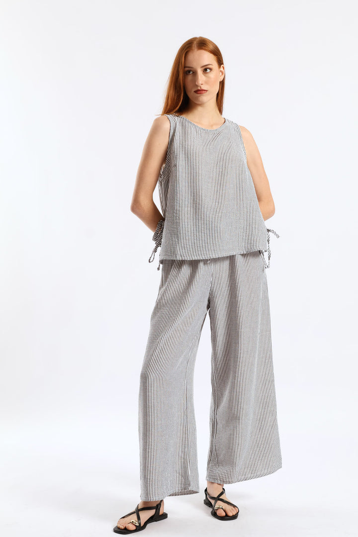 Side Tie Detail Pinstripe Shell Tank - Cream/Black