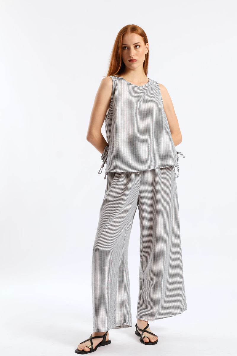 Side Tie Detail Pinstripe Shell Tank - Cream/Black