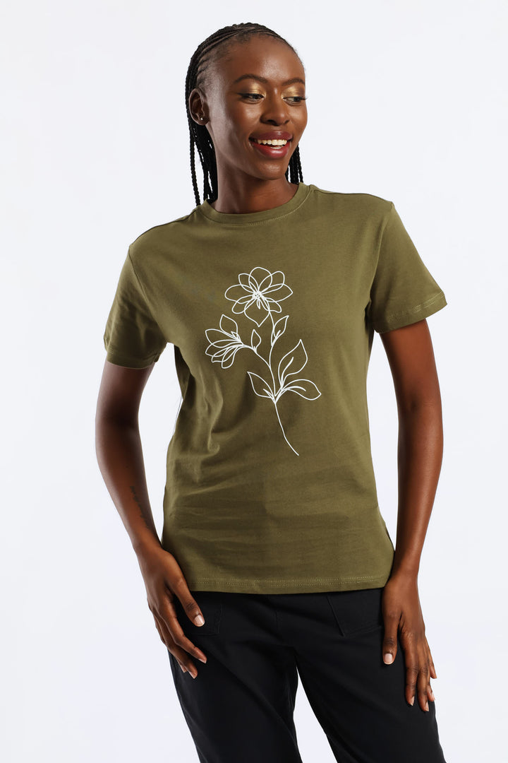 Line Art Flower Tee - Dark Fatigue
