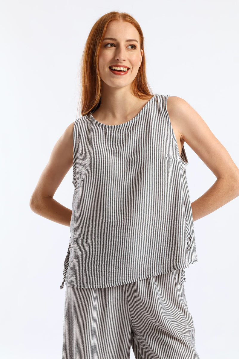 Side Tie Detail Pinstripe Shell Tank - Cream/Black