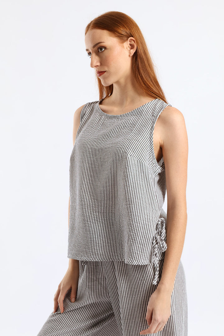 Side Tie Detail Pinstripe Shell Tank - Cream/Black