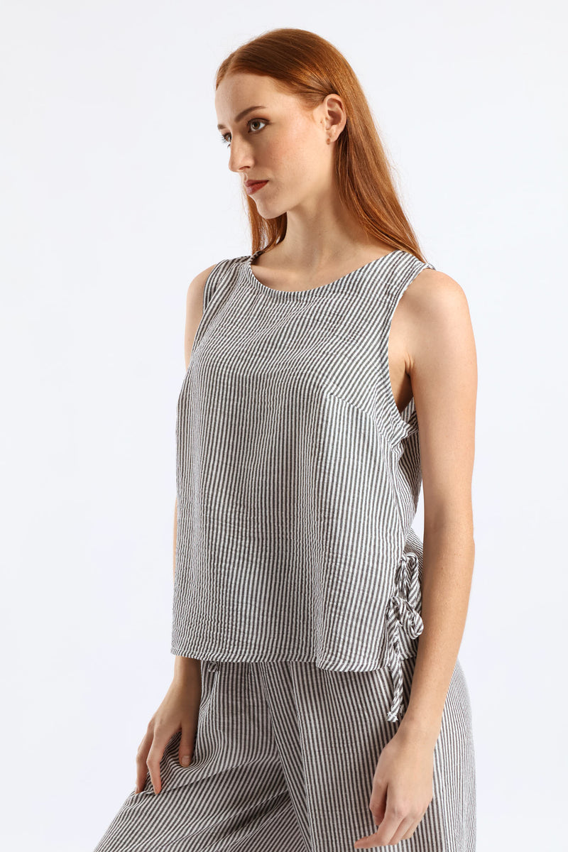 Side Tie Detail Pinstripe Shell Tank - Cream/Black
