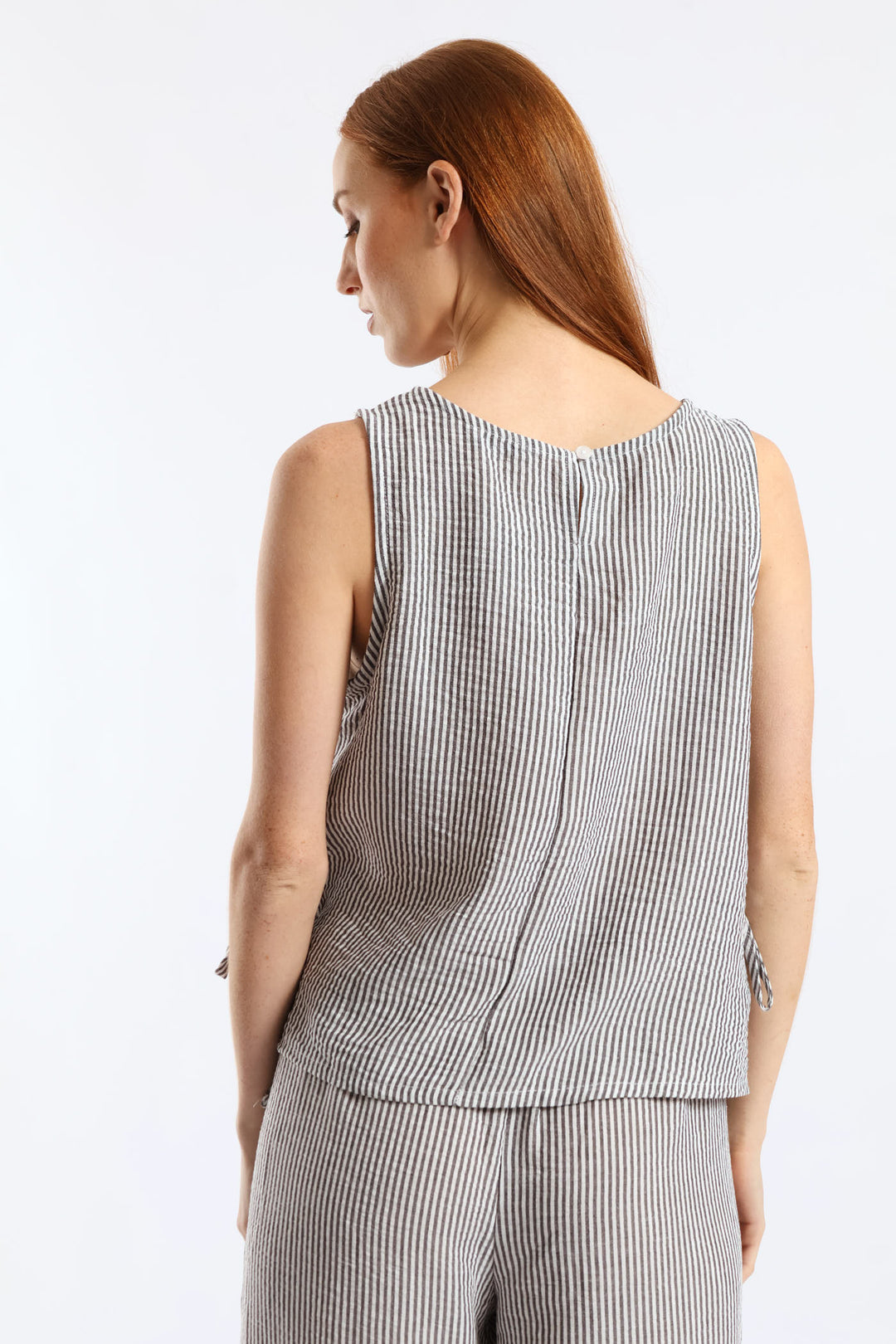 Side Tie Detail Pinstripe Shell Tank - Cream/Black