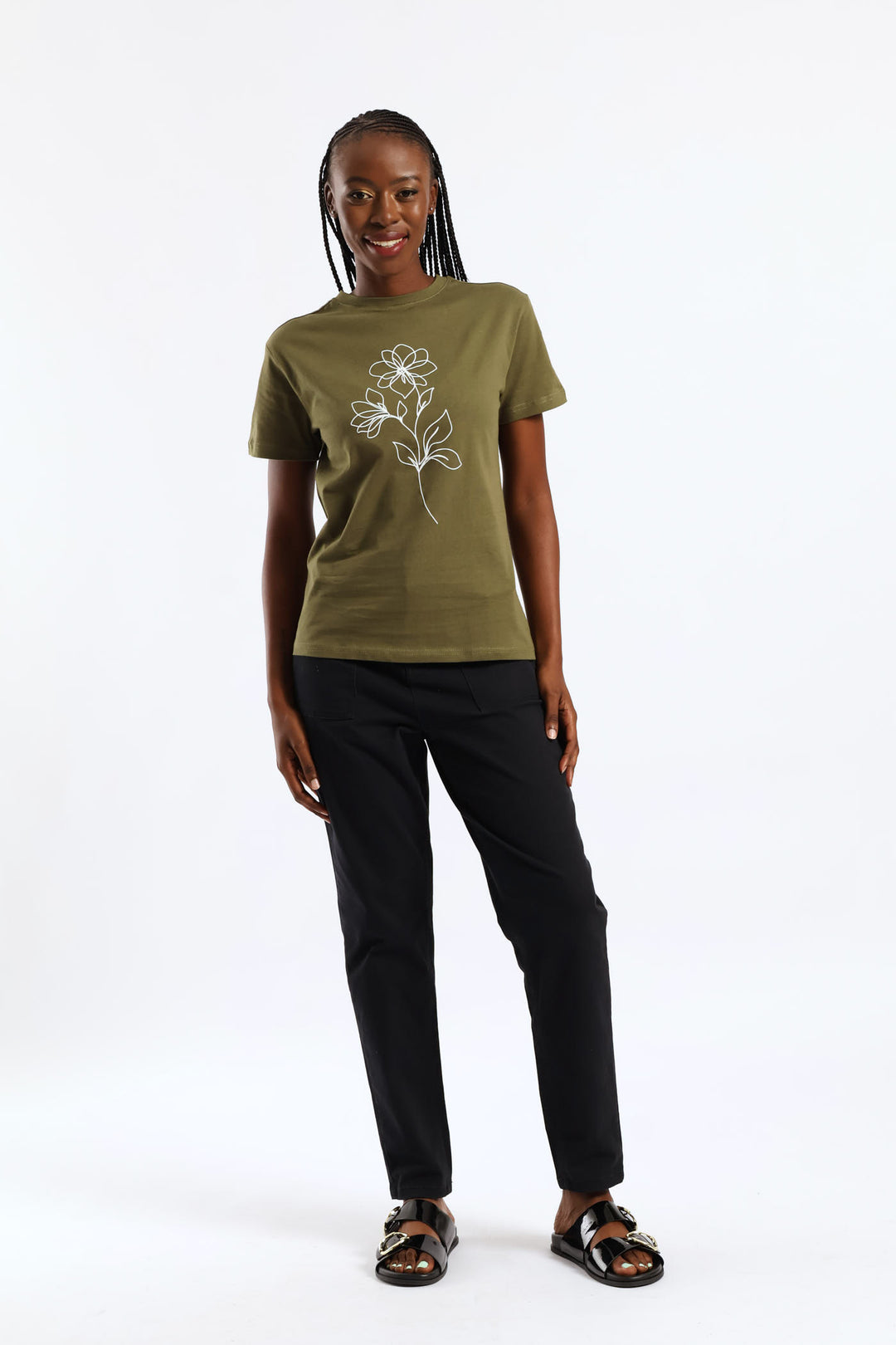 Line Art Flower Tee - Dark Fatigue