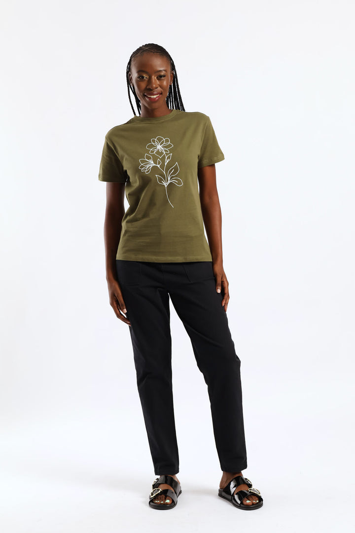 Line Art Flower Tee - Dark Fatigue