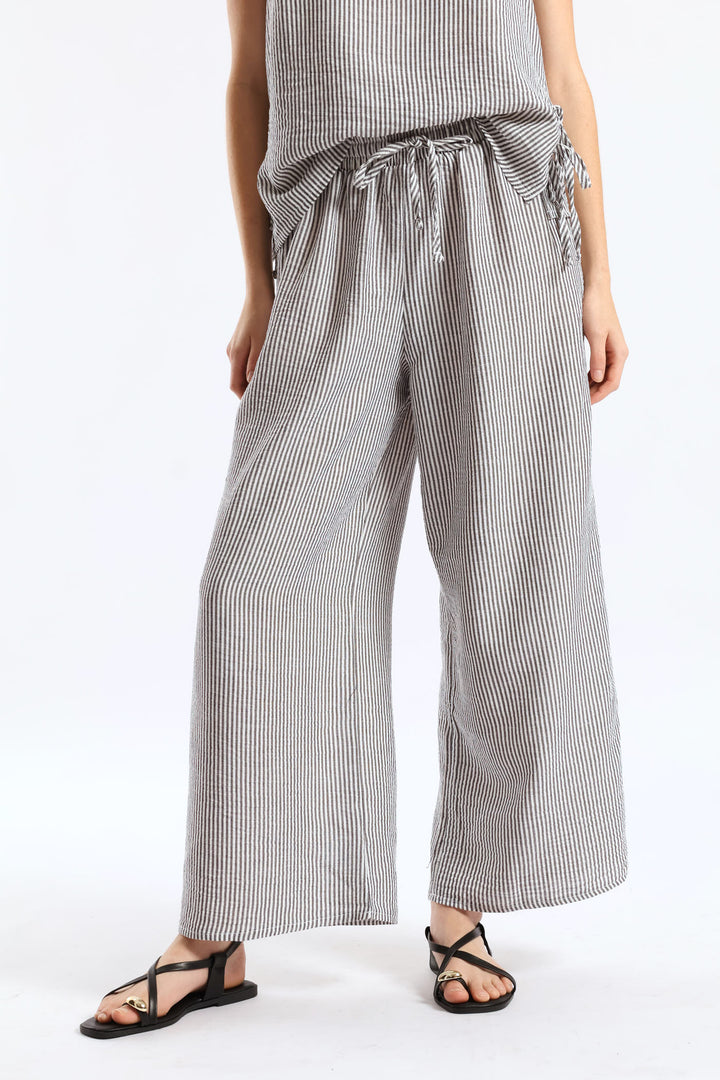 Pull-On Linen Wide Leg Pants - Cream/Black