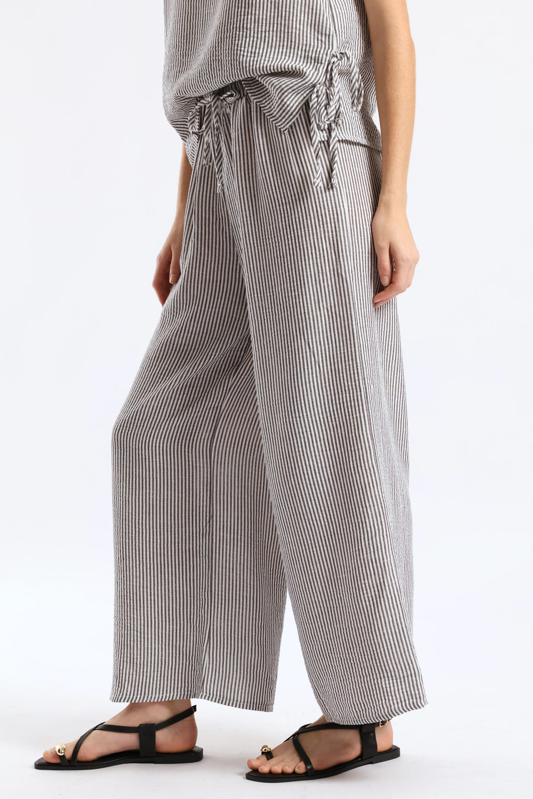 Pull-On Linen Wide Leg Pants - Cream/Black