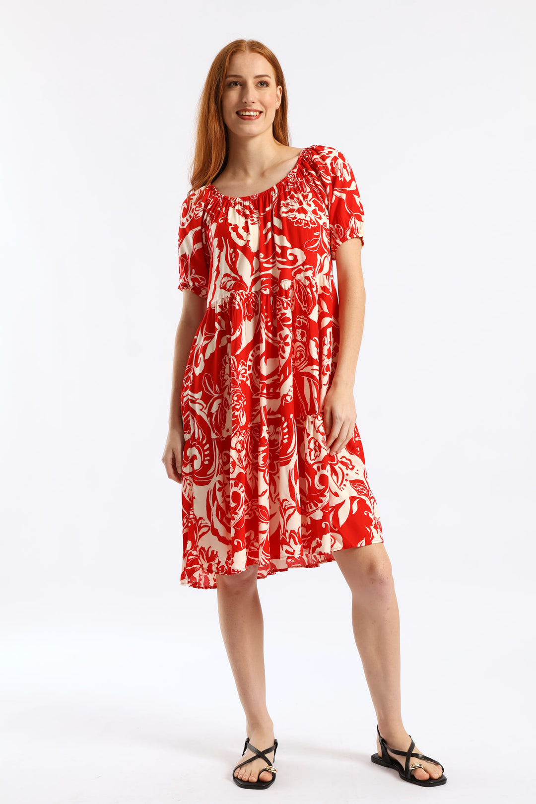 Printed Tiered Gypsy Mini Dress - White/Red