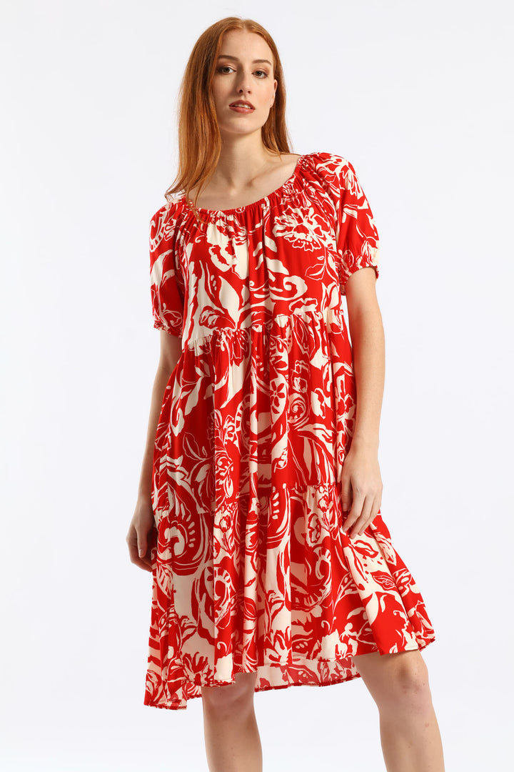 Printed Tiered Gypsy Mini Dress - White/Red