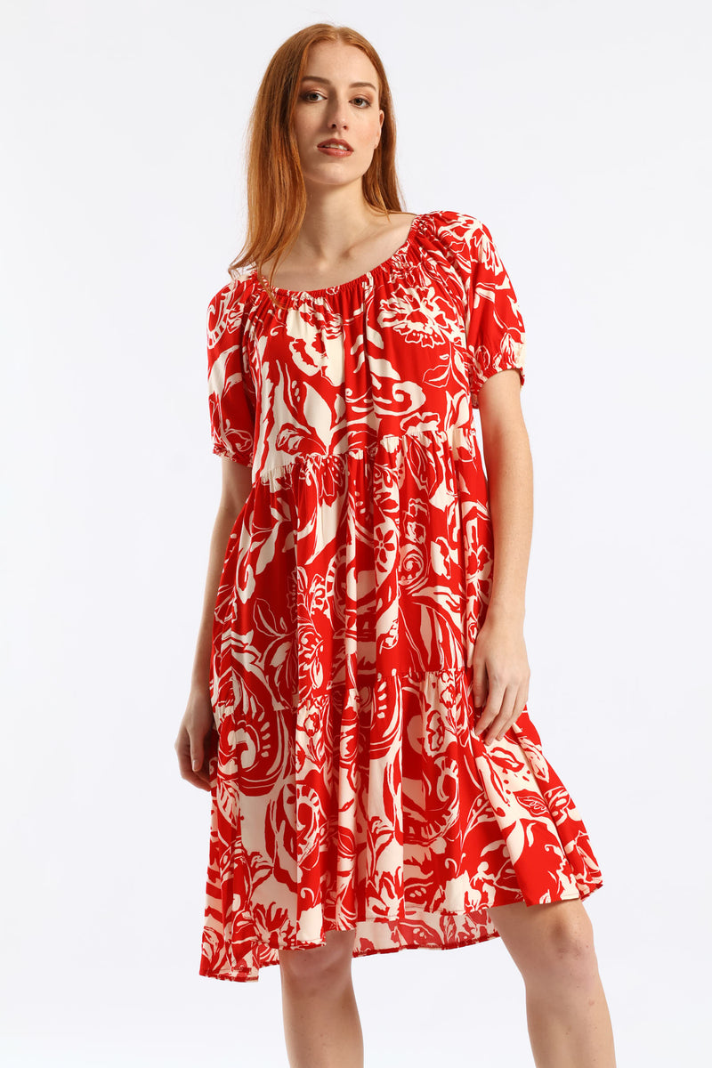 Printed Tiered Gypsy Mini Dress - White/Red