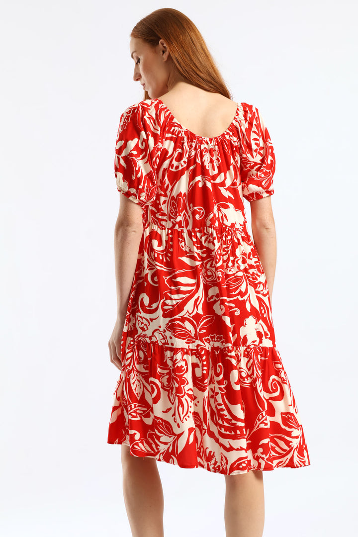 Printed Tiered Gypsy Mini Dress - White/Red