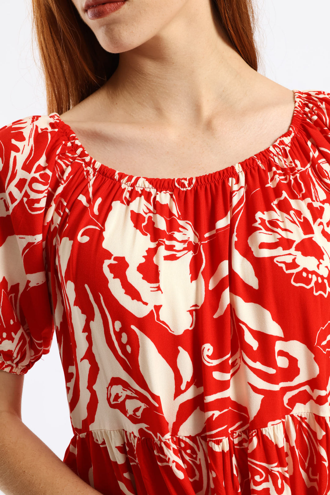 Printed Tiered Gypsy Mini Dress - White/Red