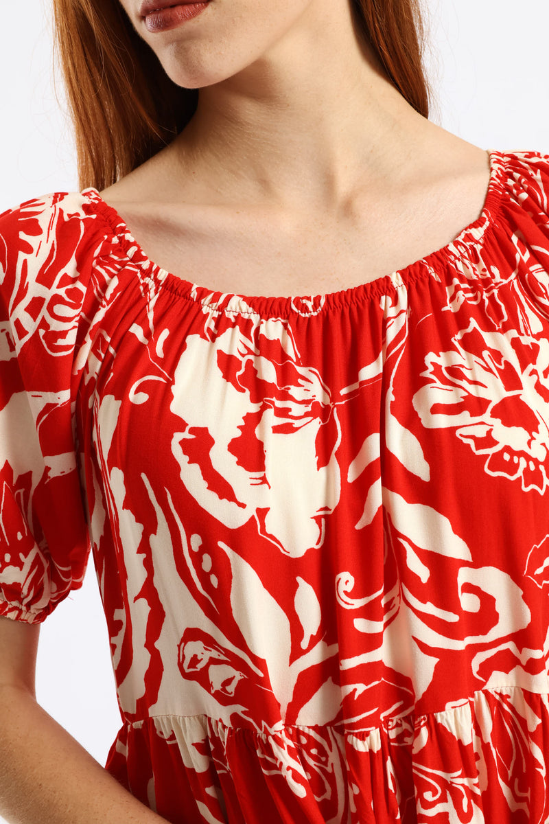 Printed Tiered Gypsy Mini Dress - White/Red