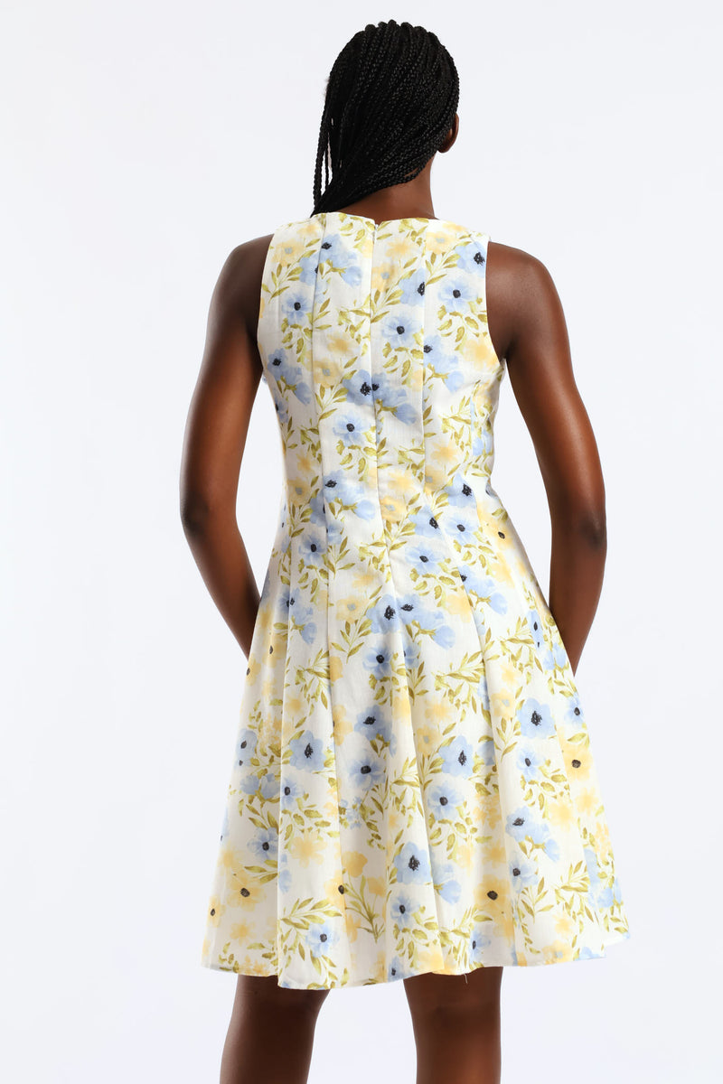 Panelled Floral Skater Dress - Lilac