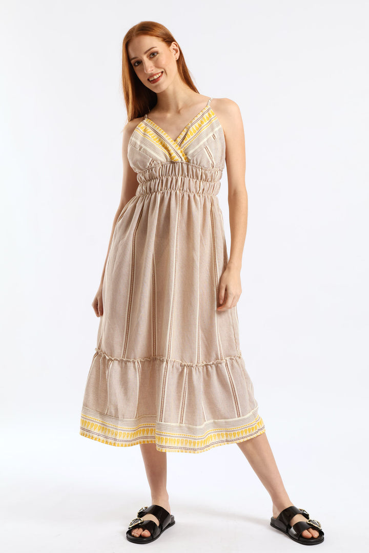 Strappy V-Neck Frill Hem Elasticated Waist Midi Dress - Stone/White